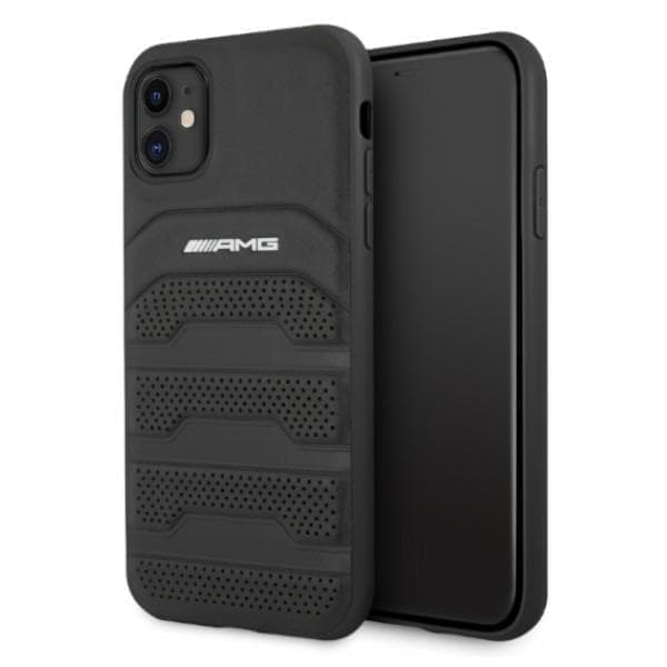 AMG AMHCN61GSEBK iPhone 11 / Xr 6,1" musta/musta kovakotelo nahkaa kohokuvioidut linjat