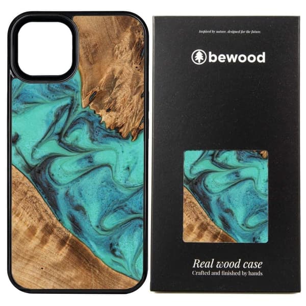 Tre- og harpiksdeksel til iPhone 15 Pro Bewood Unique Turquoise - turkis og svart