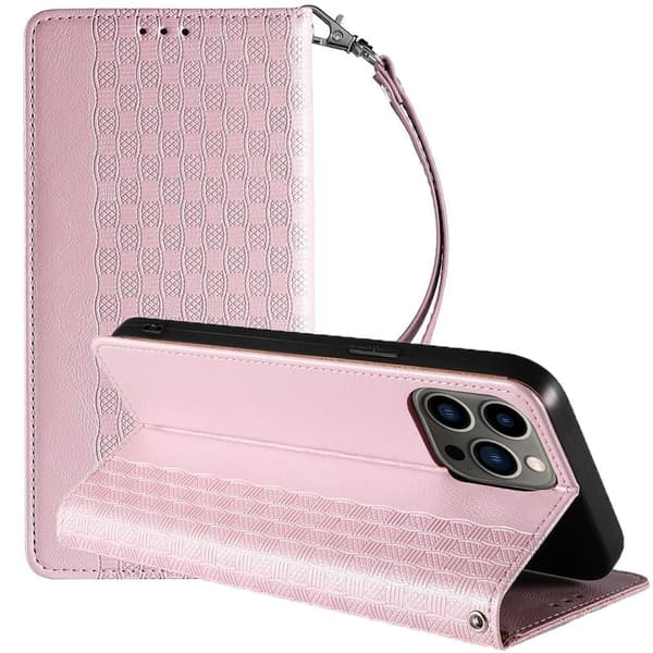 Magnetisk stroppdeksel iPhone 14 Pro-deksel, flipdeksel, lommebok, minibånd, stativ, rosa