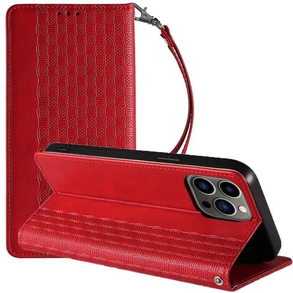 Magnetisk stroppdeksel til iPhone 12 Pro Max, lommebokdeksel + anheng med minibånd, rød