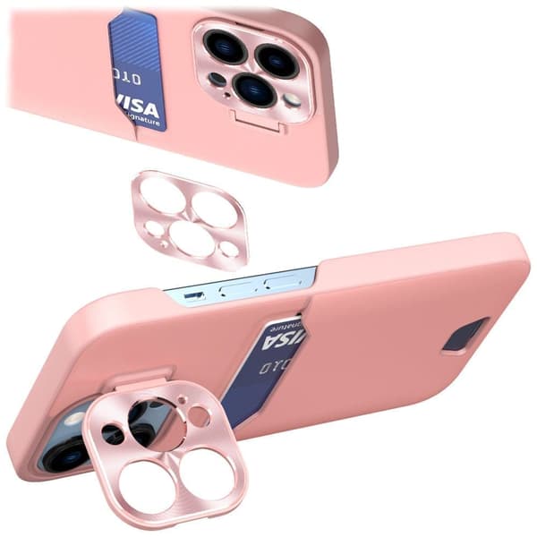 Skinnstativdeksel for iPhone 14-kort lommebokbeskyttelse? med rosa stativ