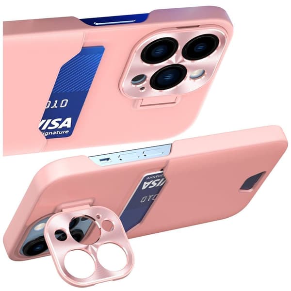 Skinnstativveske for iPhone 14 Plus Card Wallet Case? med rosa stativ