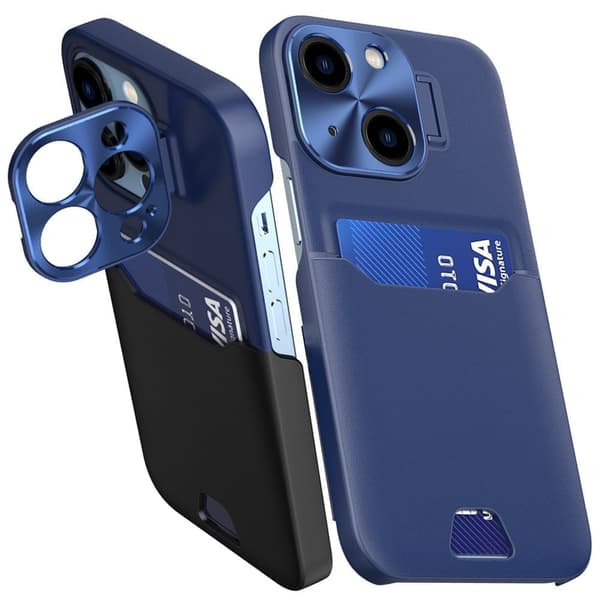 Skinnstativveske for iPhone 14 Plus Card Wallet Case? på et blått stativ