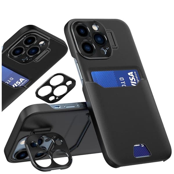 Skinnstativdeksel for iPhone 14 Pro-kort lommebokbeskyttelse? på et svart stativ