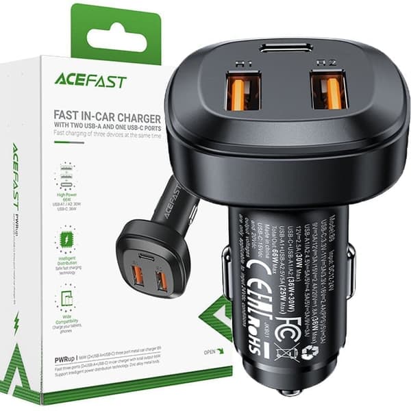 Acefast billader 66W 2x USB / USB Type C, PPS, Strømforsyning, Hurtiglading 4.0, AFC, FCP, SCP svart (B9)