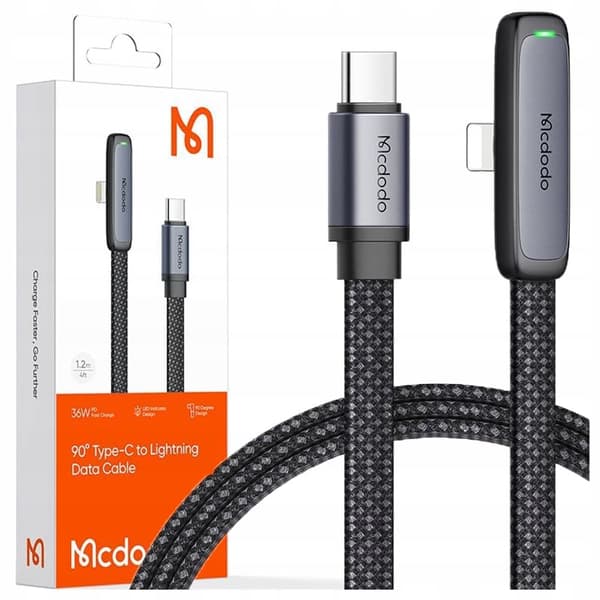 MCDODO ANGLE USB-C LIGHTNING FLAT KABEL 36W IPHONE 12 13 14 SVART 1M