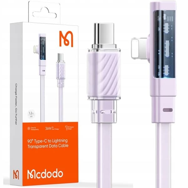 MCDODO ANGLE USB-C LIGHTNING FLAT KABEL 36W IPHONE 13 14 LILLA 2M