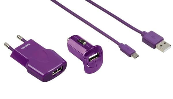 HAMA laddningsset Billaddare + Strömadapter Micro-Usb 140cm - Lila Lila