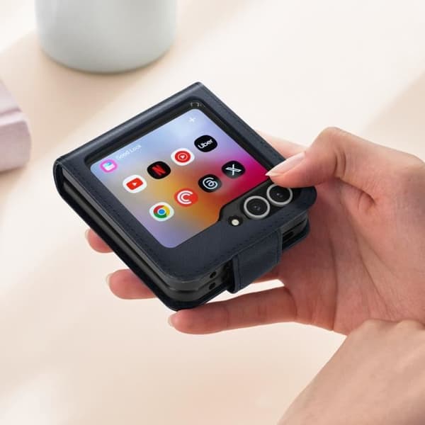 Fodral till Samsung Z Flip 6 - AVIZAR - Chesterfield - Veganskt läder - Magnetisk stängning - Midnattsblå