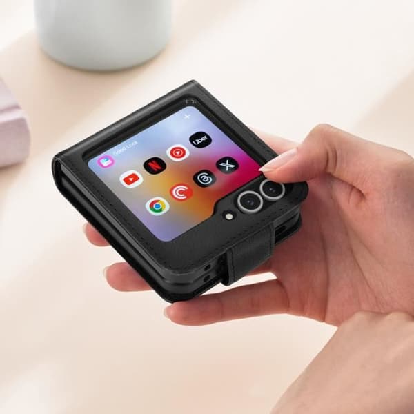 Fodral till Samsung Z Flip 6 - AVIZAR - Chesterfield - Veganskt läder - Magnetisk stängning - Svart