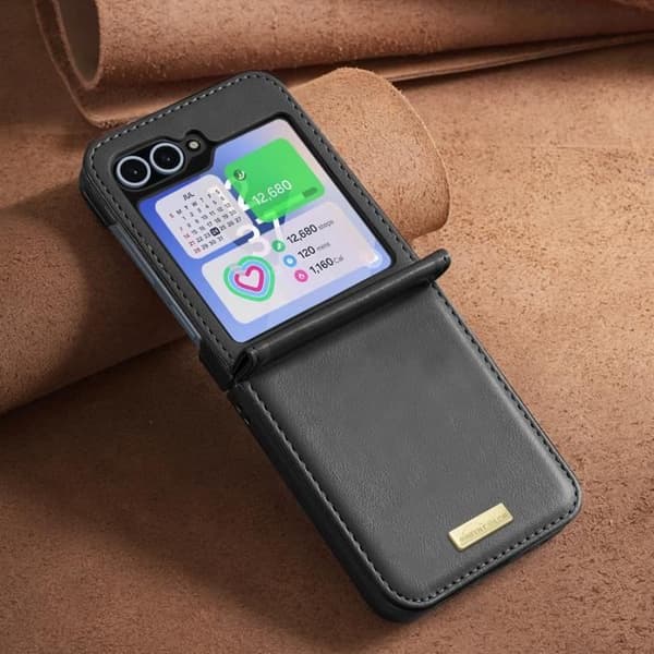 Fodral - AVIZAR - Samsung Galaxy Z Flip 6 - Vegansk läderbaksida - Svart - Halvstyv - Tunn och lätt design