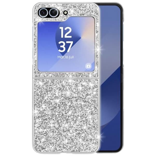 AVIZAR Skyddsfodral för Samsung Z Flip 6 - Hård rygg och mjuk kant - Silver Glitter