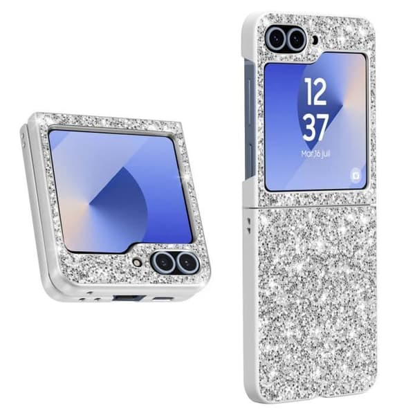 AVIZAR Skyddsfodral för Samsung Z Flip 6 - Hård rygg och mjuk kant - Silver Glitter