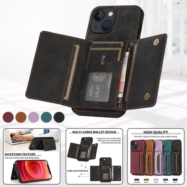 INF Ylellinen PU-nahkakotelo iPhone 15 -sarjalle, korttiteline, taitettava jalusta iPhone 15 Pro Max