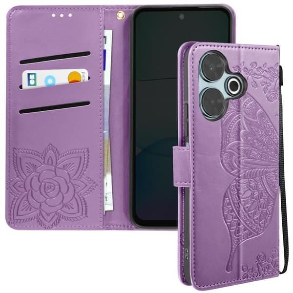Mandala Butterfly Fodral för Xiaomi Redmi 13 - AVIZAR - Lila - Plånbok handledsrem