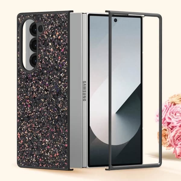 AVIZAR skyddsfodral för Samsung Galaxy Z Fold 6 - Svart bi-material glitterdesign - Upphöjda kanter