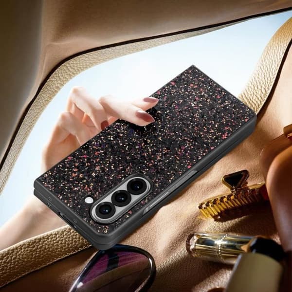 AVIZAR skyddsfodral för Samsung Galaxy Z Fold 6 - Svart bi-material glitterdesign - Upphöjda kanter