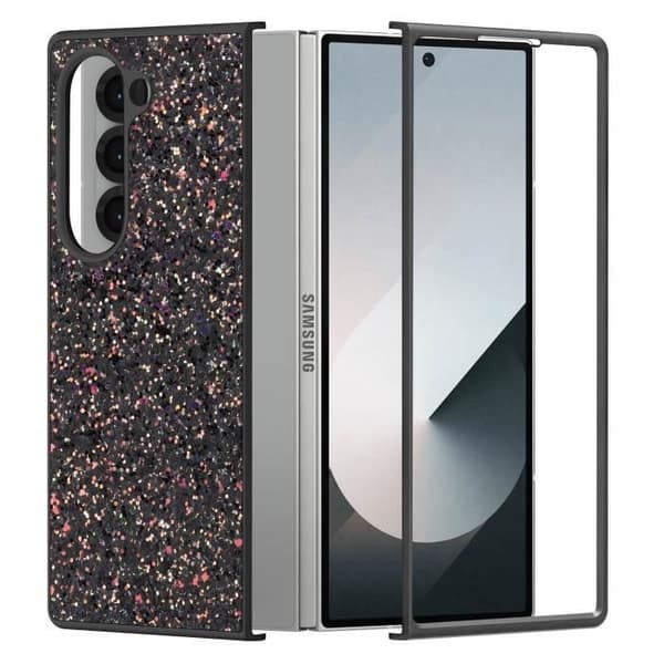 AVIZAR skyddsfodral för Samsung Galaxy Z Fold 6 - Svart bi-material glitterdesign - Upphöjda kanter