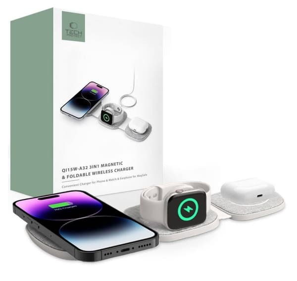 Tech-Protect trådløs lader A32 3in1 Magnetic MagSafe QI15W, grå