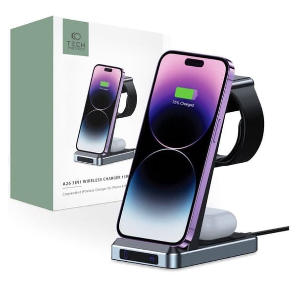 Tech-Protect trådløs oplader A26 3in1 QI15W, sort
