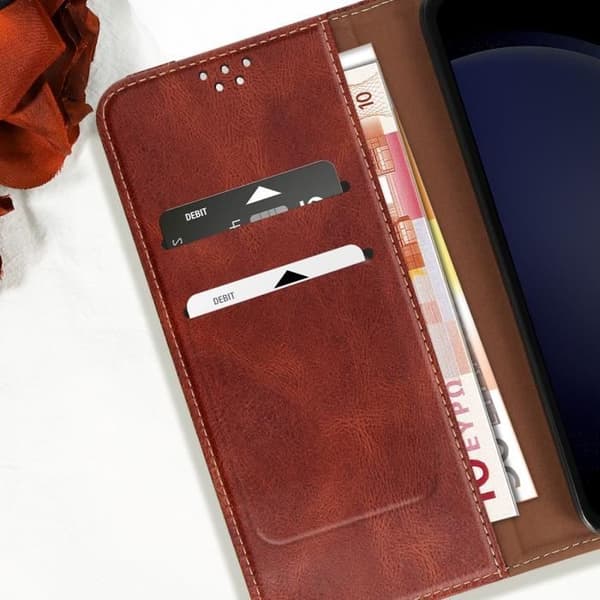 Fodral till Samsung Galaxy S24 FE - AVIZAR - Häftad plånbok - Brun - Veganskt läder