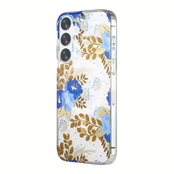 Samsung Galaxy S24 Mobilskal Magnet - Blommor Blå/Guld
