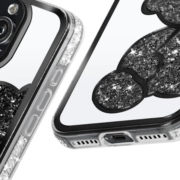 Fodral till iPhone 16 Pro Max - AVIZAR - Glitter Nalle - Glänsande strasskontur - Svart