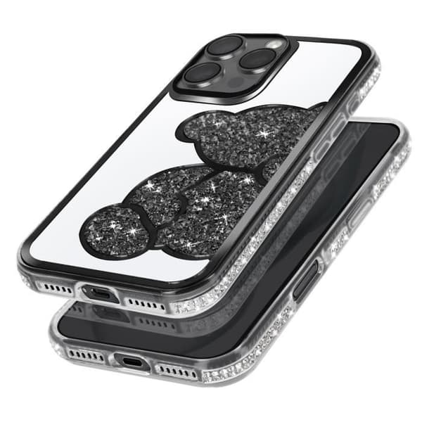 Fodral till iPhone 16 Pro Max - AVIZAR - Glitter Nalle - Glänsande strasskontur - Svart
