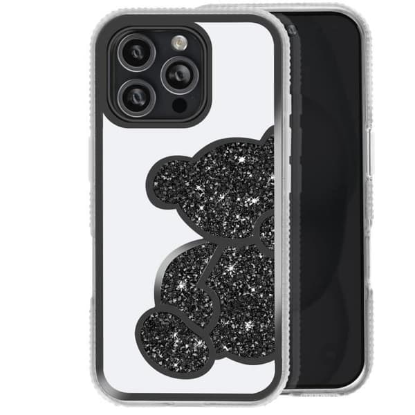 Fodral till iPhone 16 Pro Max - AVIZAR - Glitter Nalle - Glänsande strasskontur - Svart