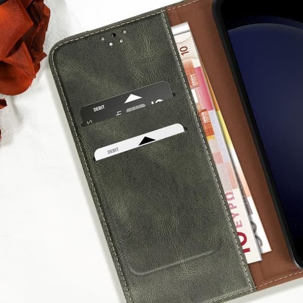 Fodral till Samsung Galaxy S24 FE Flip Wallet med magnetsömmar Khaki