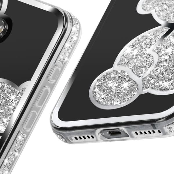 Teddybjörnfodral för iPhone 16 Plus Rhinestone Mönster Shiny Silver Contour - AVIZAR - Halvstyv - Glänsande - Blandad