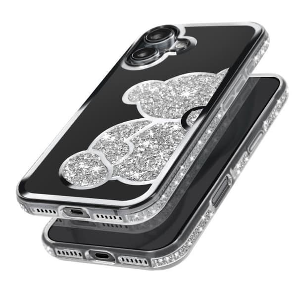 Teddybjörnfodral för iPhone 16 Plus Rhinestone Mönster Shiny Silver Contour - AVIZAR - Halvstyv - Glänsande - Blandad