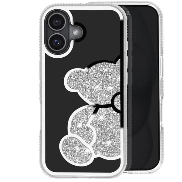 Teddybjörnfodral för iPhone 16 Plus Rhinestone Mönster Shiny Silver Contour - AVIZAR - Halvstyv - Glänsande - Blandad
