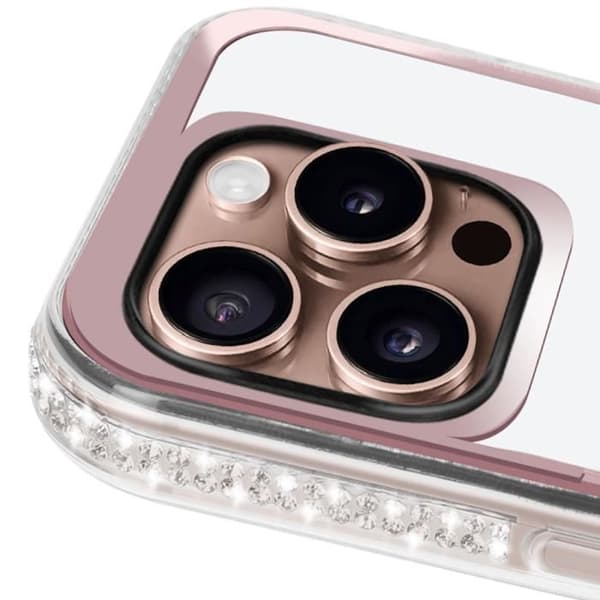 iPhone 16 Pro Max Fodral - AVIZAR - Glitter Teddy Bear Design - Shiny Rhinestone Outline - Rosa