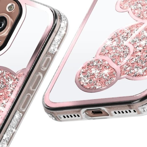 iPhone 16 Pro Max Fodral - AVIZAR - Glitter Teddy Bear Design - Shiny Rhinestone Outline - Rosa