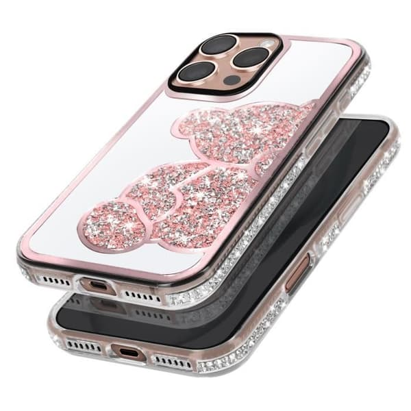 iPhone 16 Pro Max Fodral - AVIZAR - Glitter Teddy Bear Design - Shiny Rhinestone Outline - Rosa