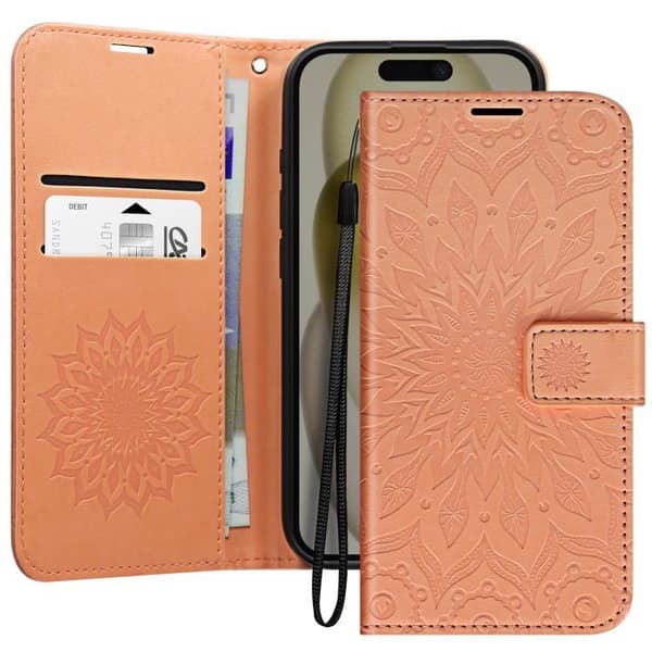 Madala iPhone 16 Pro plånboksfodral med handledsrem pulverrosa