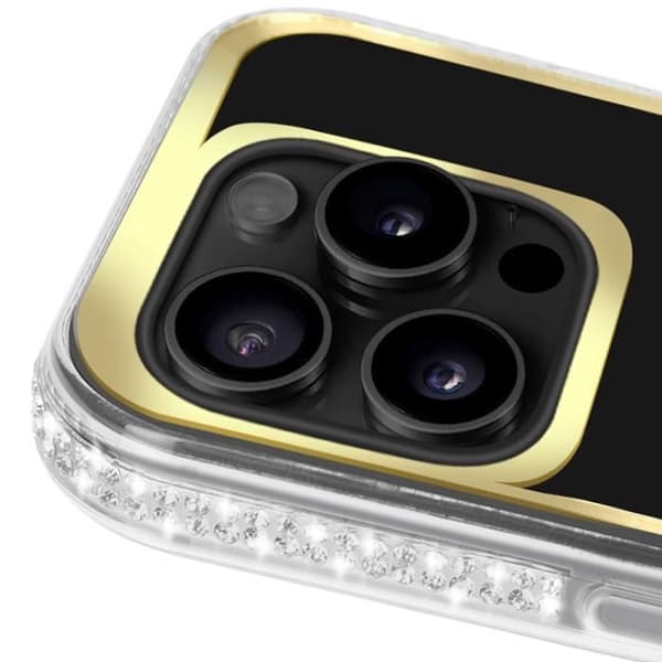 Teddybjörnfodral för iPhone 16 Pro Max Rhinestone Mönster Shiny Gold Contour