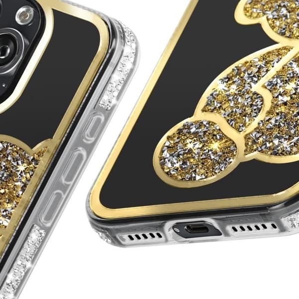 Teddybjörnfodral för iPhone 16 Pro Max Rhinestone Mönster Shiny Gold Contour