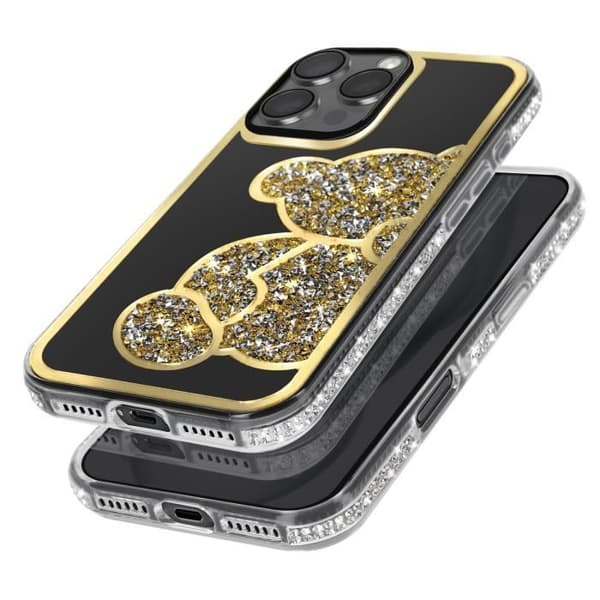Teddybjörnfodral för iPhone 16 Pro Max Rhinestone Mönster Shiny Gold Contour