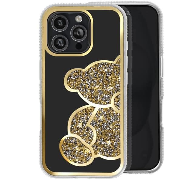 Teddybjörnfodral för iPhone 16 Pro Max Rhinestone Mönster Shiny Gold Contour