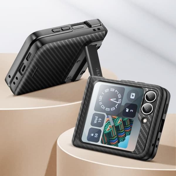 Fodral till Samsung Galaxy Z Flip 6 Rugged Carbon Fiber Kickstand I-Blason Black
