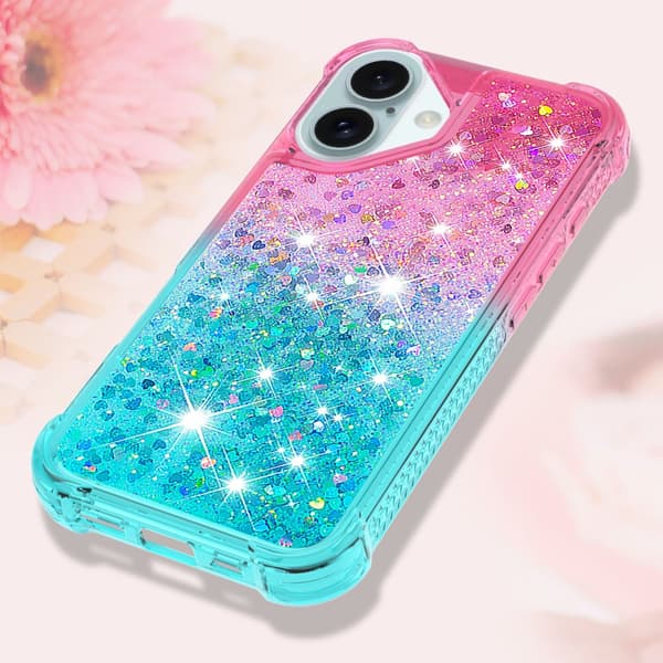 SKALO iPhone 16 Juoksuhiekka Glitter Sydämet TPU kuori - Pinkki-Turkoosi
