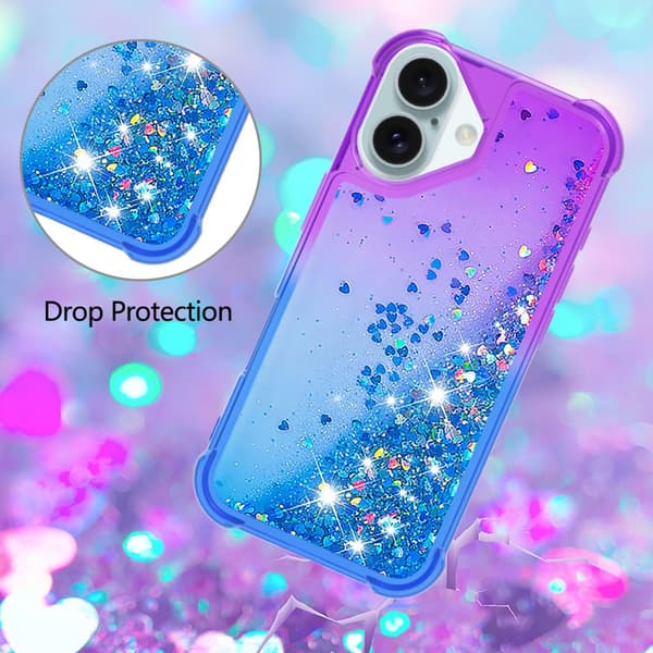 SKALO iPhone 16 Juoksuhiekka Glitter Sydämet TPU kuori - Violetti-Sininen