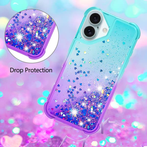 SKALO iPhone 16 Plus Juoksuhiekka Glitter Sydämet TPU kuori - Turkoosi-Violetti