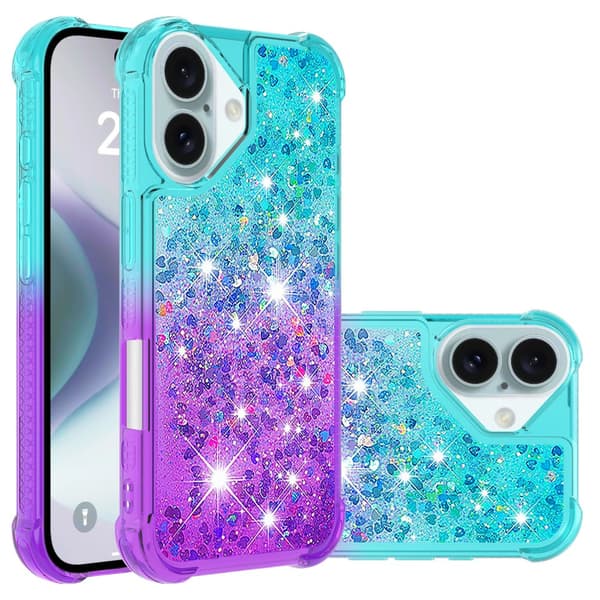 SKALO iPhone 16 Plus Juoksuhiekka Glitter Sydämet TPU kuori - Turkoosi-Violetti