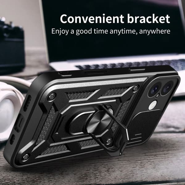 SKALO iPhone 16 Plus Armor Hybrid Metal Ring Camera Slider - Sort