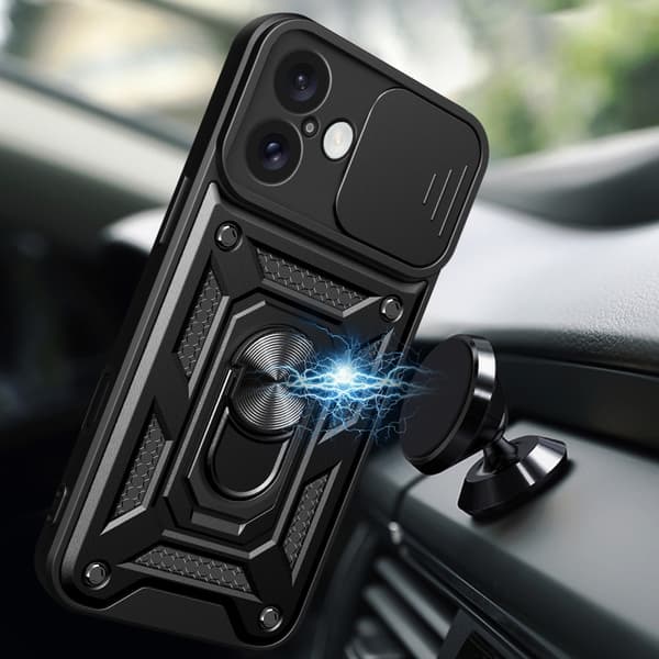 SKALO iPhone 16 Plus Armor Hybrid Metal Ring Camera Slider - Sort