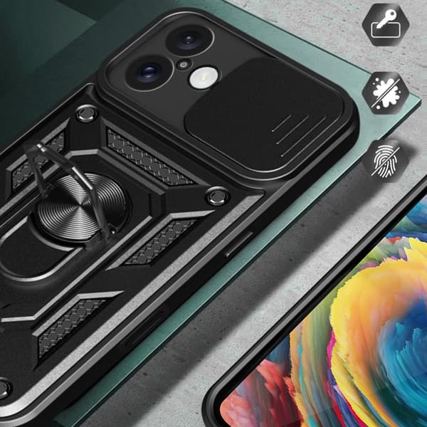 SKALO iPhone 16 Plus Armor Hybrid Metal Ring Camera Slider - Sort