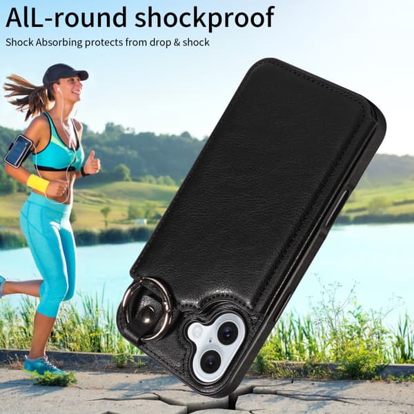 SKALO iPhone 16 Plus PU-Læder Kortholder Ring Cover - Sort